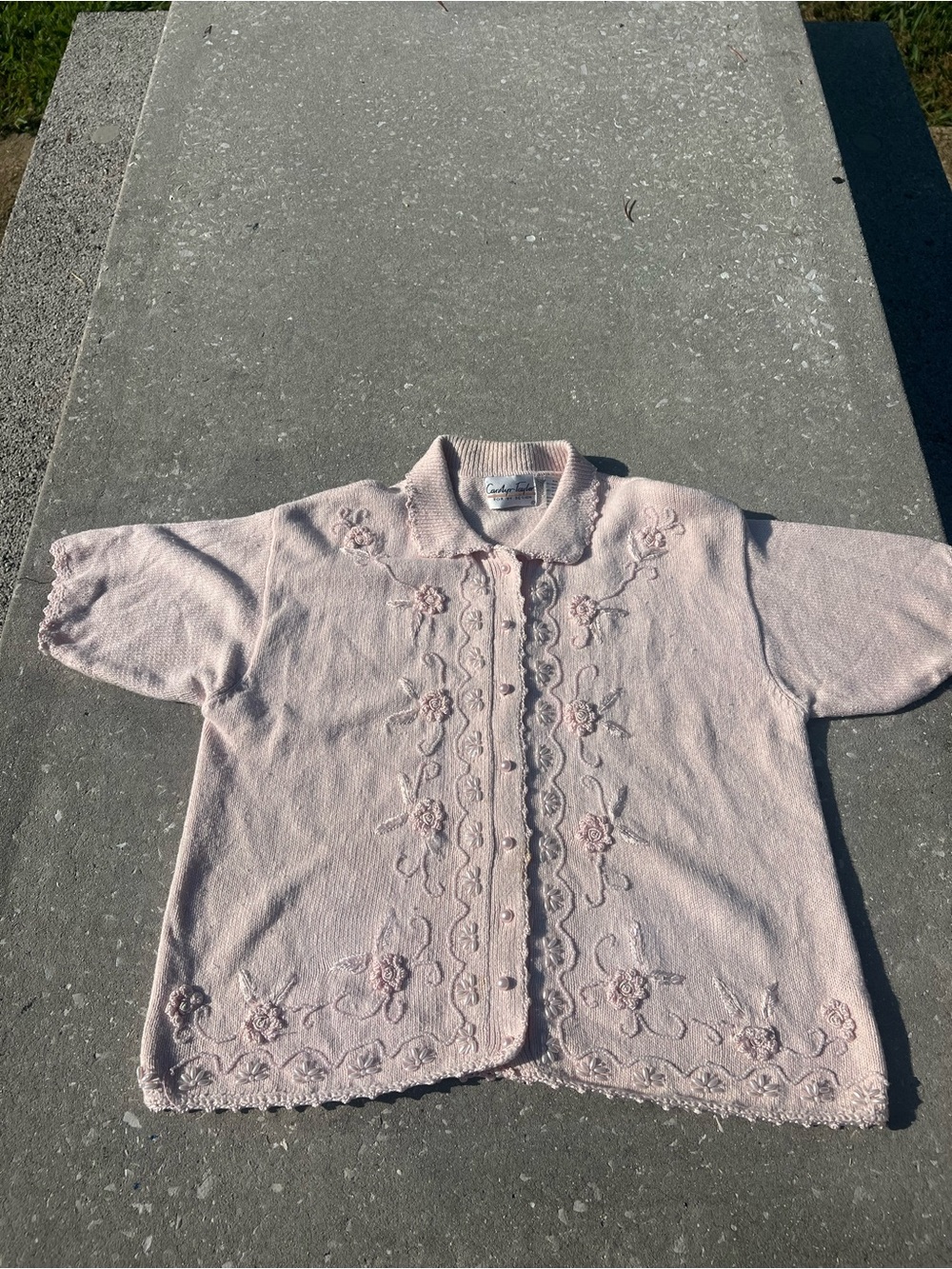 Vtg Pale Pink Carolyn Taylor Beaded/Embroidered Short Sleeve Cardigan Size M